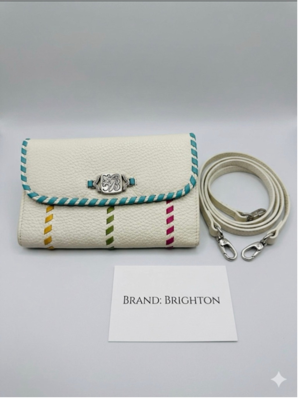 Brighton Off-White Leather Wallet with Multicolor Stitching and Crossbody Strap